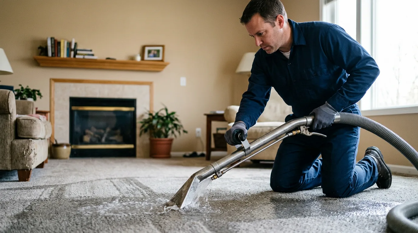 Water damage restoration technician working in a home in Maryland